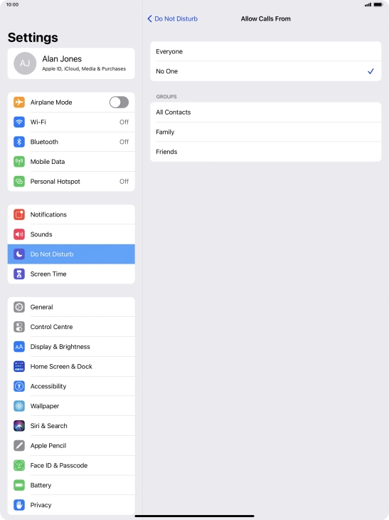 Press the required setting to select which contacts can call you even though Do Not Disturb is turned on. Press the required setting to select which contacts can call you even though Do Not Disturb is turned on.