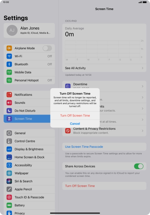 Press Turn Off Screen Time. Press Turn Off Screen Time.