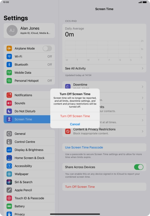Press Turn Off Screen Time. Press Turn Off Screen Time.