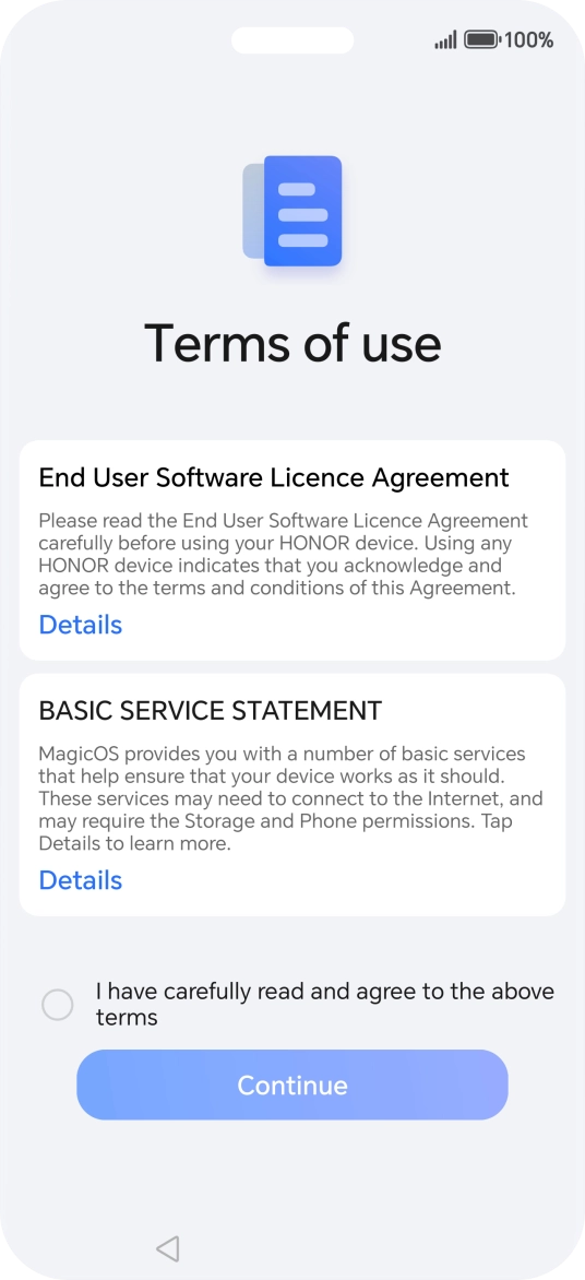 Press the field to accept the licence agreement. Press the field to accept the licence agreement.