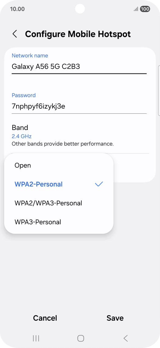 Press WPA3-Personal to password protect your Wi-Fi hotspot. Press WPA3-Personal to password protect your Wi-Fi hotspot.