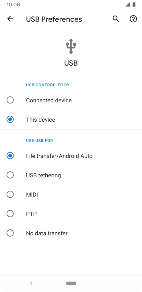Press File transfer/Android Auto. Press File transfer/Android Auto.