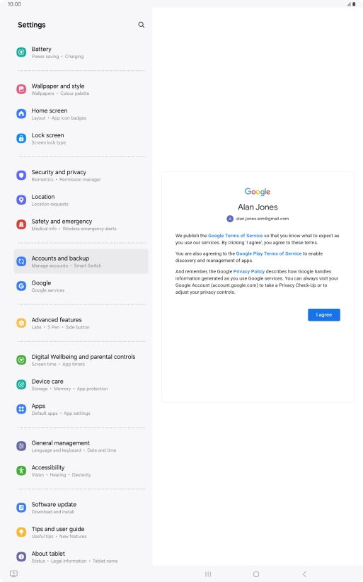 Press I agree and follow the instructions on the screen to select settings for your Google account. Press I agree and follow the instructions on the screen to select settings for your Google account.