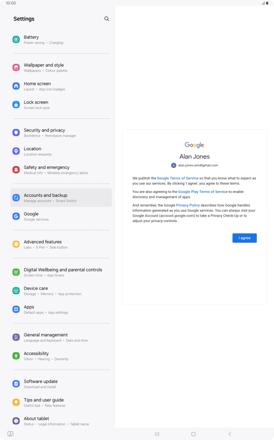 Press I agree and follow the instructions on the screen to select settings for your Google account. Press I agree and follow the instructions on the screen to select settings for your Google account.