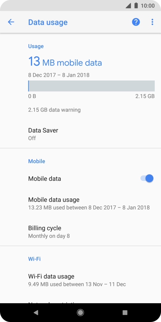 The total data usage is displayed. The total data usage is displayed.