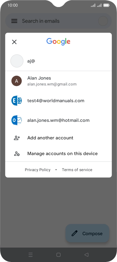 Press the required email account. Press the required email account.