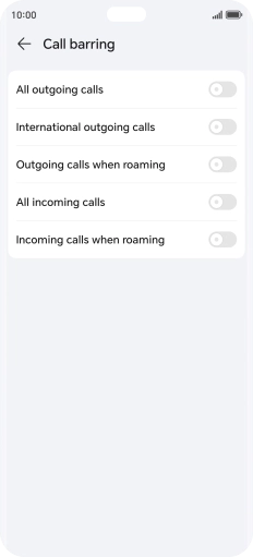 Press the indicator next to the required barring type to turn the function on or off. Press the indicator next to the required barring type to turn the function on or off.