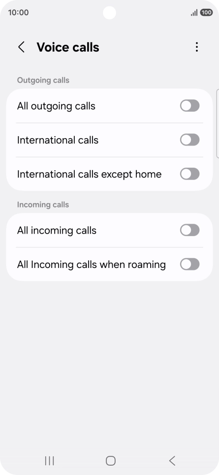 Press the indicator next to the required barring type to turn the function on or off. Press the indicator next to the required barring type to turn the function on or off.