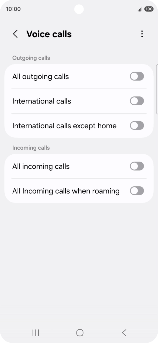 Press the indicator next to the required barring type to turn the function on or off. Press the indicator next to the required barring type to turn the function on or off.