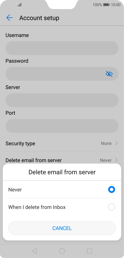 Press Never to keep email messages on the server when you delete them on your phone. Press Never to keep email messages on the server when you delete them on your phone.