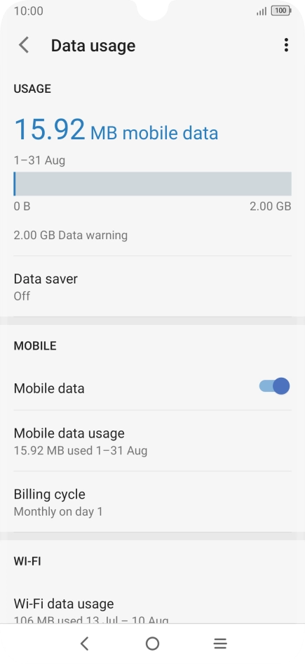 The total data usage is displayed. The total data usage is displayed.