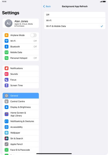 To turn off background refresh of apps, press Off. To turn off background refresh of apps, press Off.