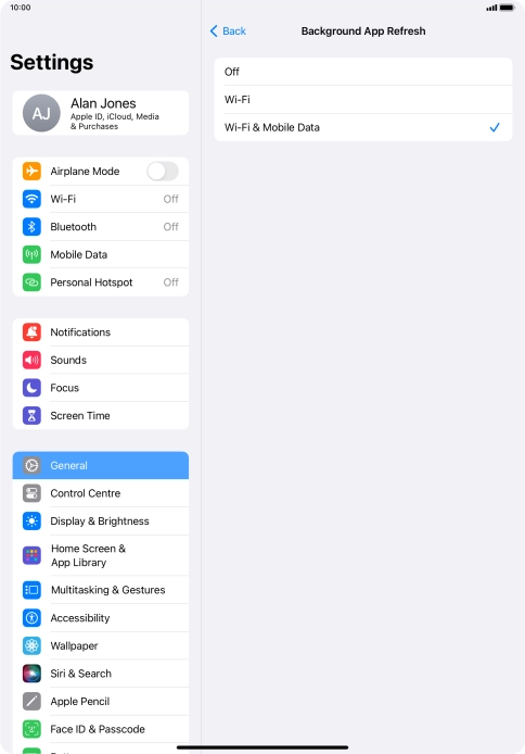 To turn off background refresh of apps, press Off. To turn off background refresh of apps, press Off.