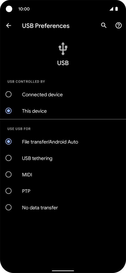 Press File transfer/Android Auto. Press File transfer/Android Auto.