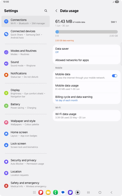 The total data usage is displayed. The total data usage is displayed.
