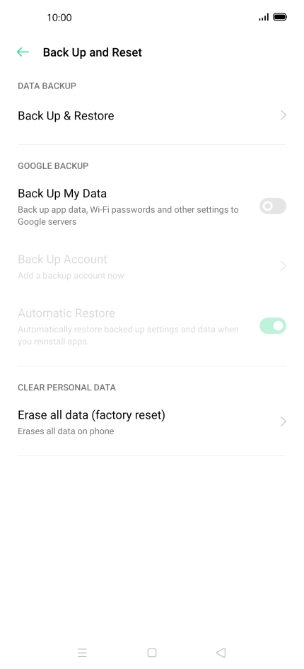 Press Erase all data (factory reset). Press Erase all data (factory reset).
