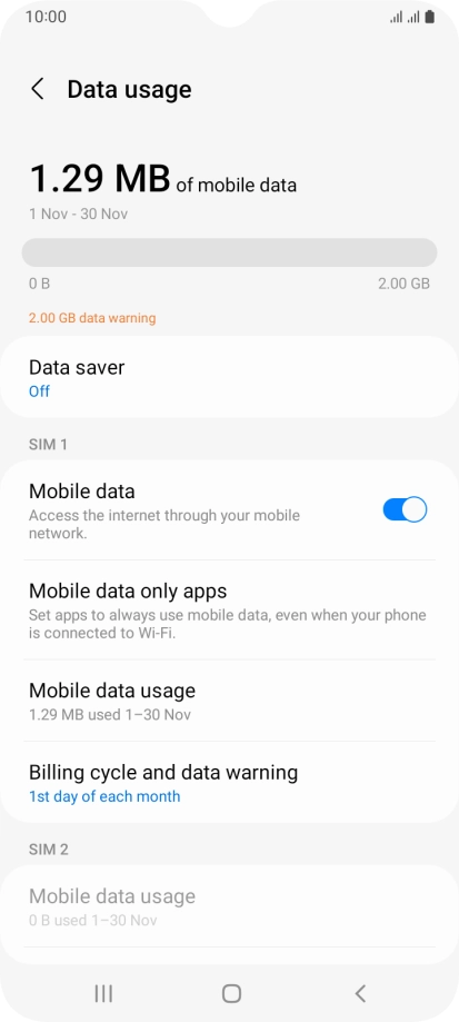 The total data usage is displayed. The total data usage is displayed.