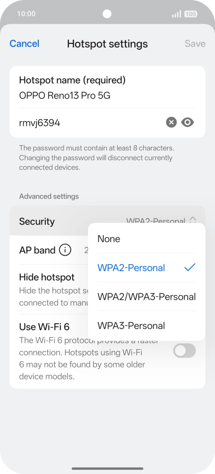 Press WPA3-Personal to password protect your Wi-Fi hotspot. Press WPA3-Personal to password protect your Wi-Fi hotspot.