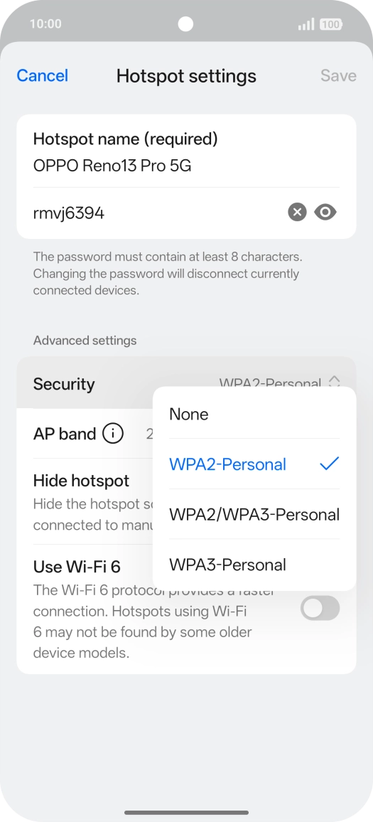 Press WPA3-Personal to password protect your Wi-Fi hotspot. Press WPA3-Personal to password protect your Wi-Fi hotspot.