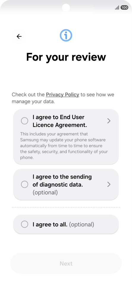 Press the fields next to the required settings to select them. Press the fields next to the required settings to select them.