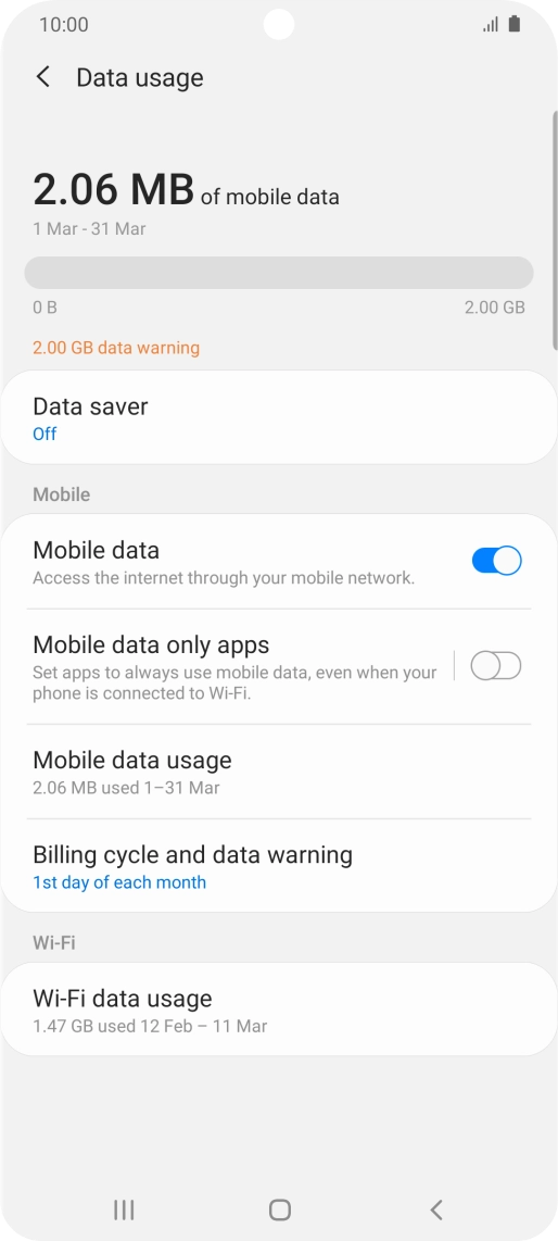 The total data usage is displayed. The total data usage is displayed.