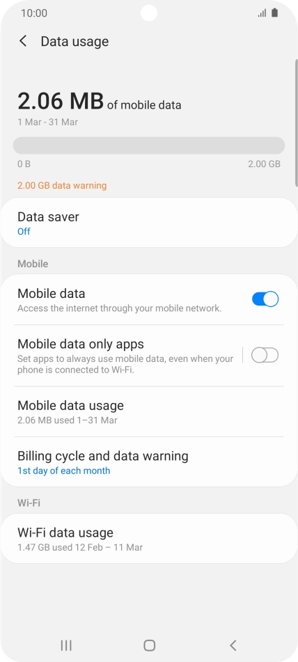 The total data usage is displayed. The total data usage is displayed.