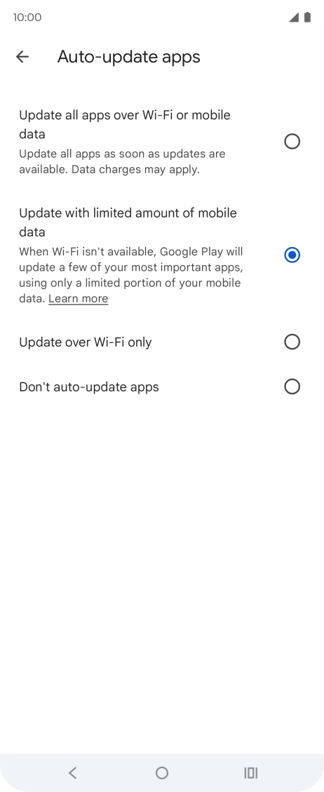 To turn on automatic update of apps using mobile network, press Update all apps over Wi-Fi or mobile data. To turn on automatic update of apps using mobile network, press Update all apps over Wi-Fi or mobile data.