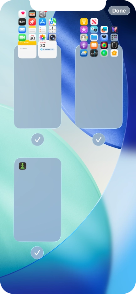 Press the field below the required home screen page to turn page view on or off. Press the field below the required home screen page to turn page view on or off.