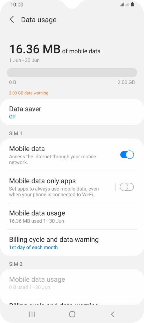 The total data usage is displayed. The total data usage is displayed.