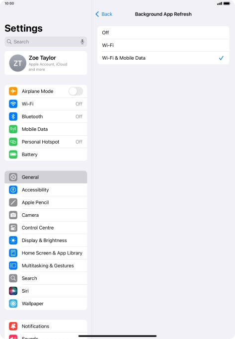 To turn off background refresh of apps, press Off. To turn off background refresh of apps, press Off.