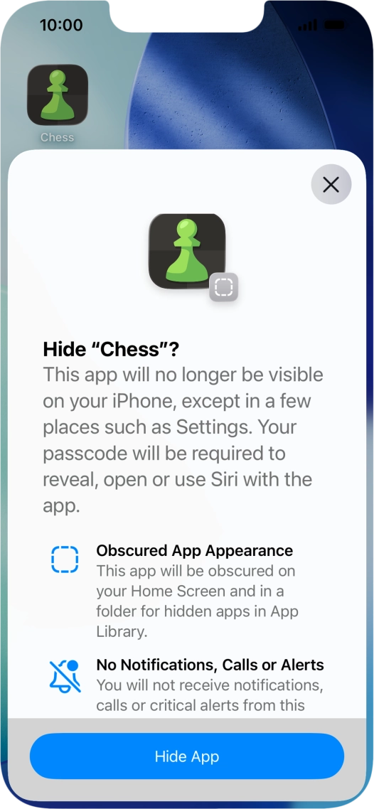 Press Hide App. Press Hide App.