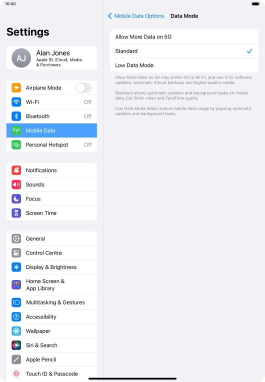 Press the required setting to turn the function on or off. Press the required setting to turn the function on or off.