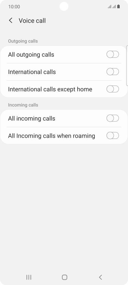 Press the indicator next to the required barring type to turn the function on or off. Press the indicator next to the required barring type to turn the function on or off.