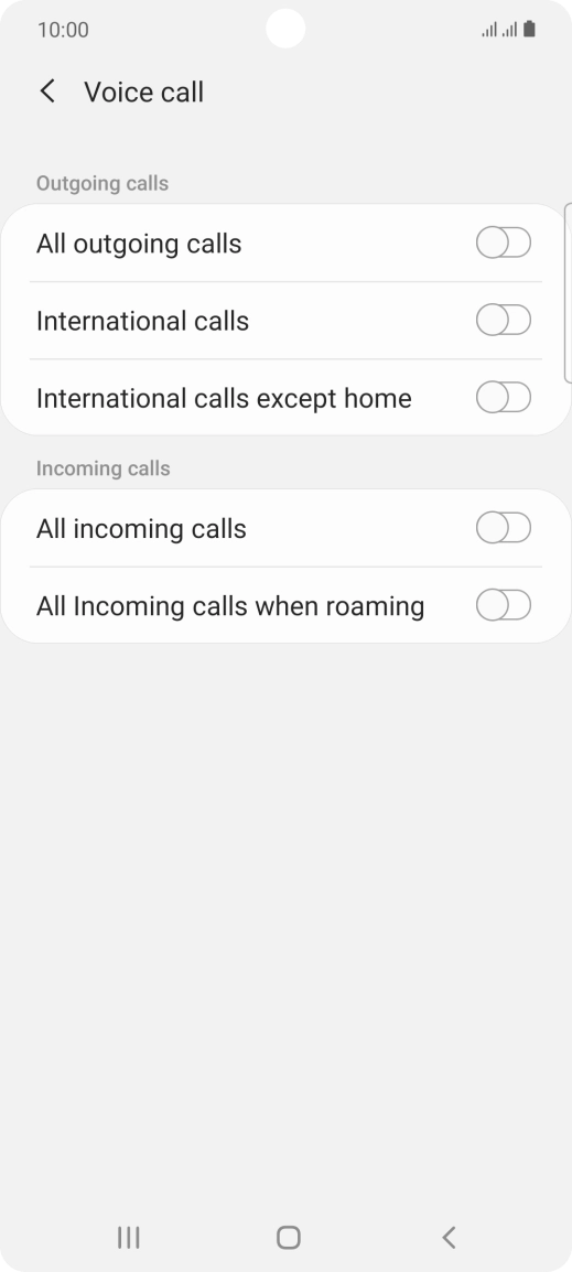 Press the indicator next to the required barring type to turn the function on or off. Press the indicator next to the required barring type to turn the function on or off.