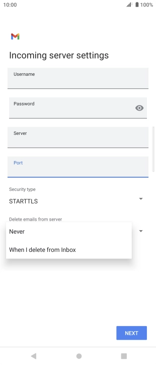 Press Never to keep email on the server when you delete them on your phone. Press Never to keep email on the server when you delete them on your phone.