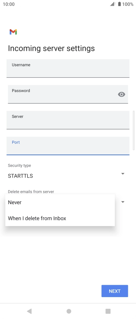 Press Never to keep email on the server when you delete them on your phone. Press Never to keep email on the server when you delete them on your phone.