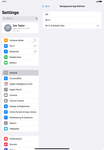 To turn off background refresh of apps, press Off. To turn off background refresh of apps, press Off.