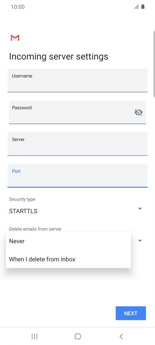 Press Never to keep email on the server when you delete them on your phone. Press Never to keep email on the server when you delete them on your phone.