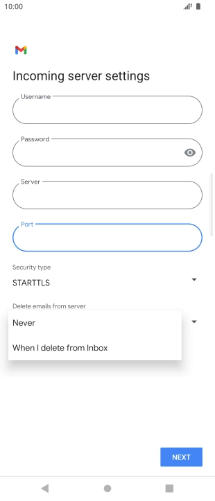 Press Never to keep email on the server when you delete them on your phone. Press Never to keep email on the server when you delete them on your phone.