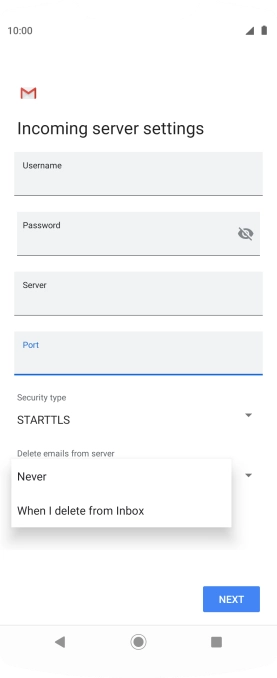 Press Never to keep email on the server when you delete them on your phone. Press Never to keep email on the server when you delete them on your phone.