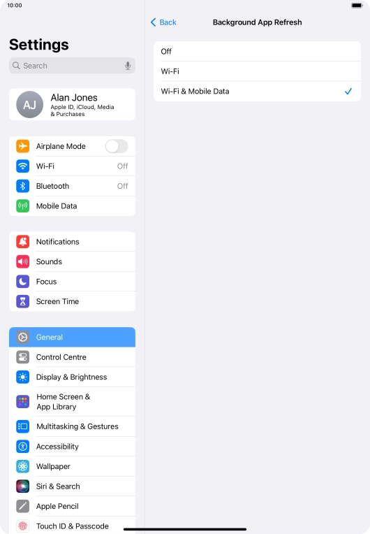 To turn off background refresh of apps, press Off. To turn off background refresh of apps, press Off.
