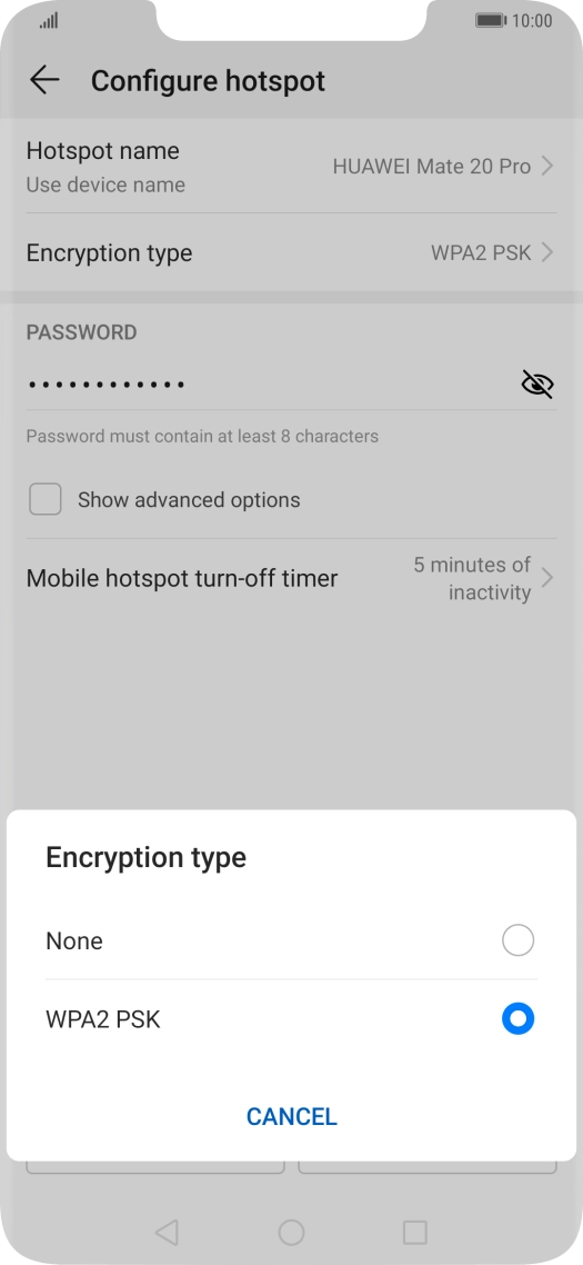 Press WPA2 PSK to password protect your Wi-Fi hotspot. Press WPA2 PSK to password protect your Wi-Fi hotspot.