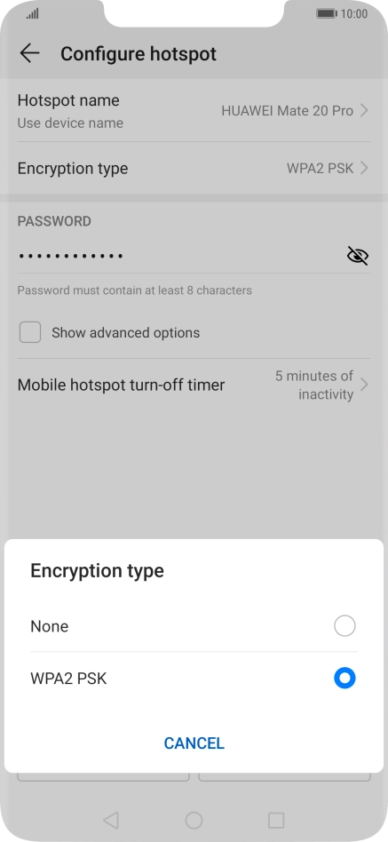 Press WPA2 PSK to password protect your Wi-Fi hotspot. Press WPA2 PSK to password protect your Wi-Fi hotspot.