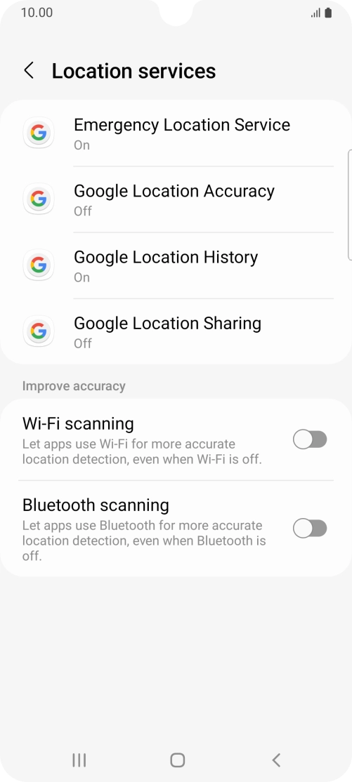Press Google Location Accuracy. Press Google Location Accuracy.