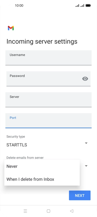 Press Never to keep email on the server when you delete them on your phone. Press Never to keep email on the server when you delete them on your phone.