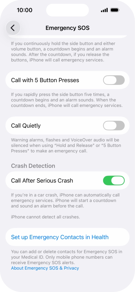 Press Set up Emergency Contacts in Health and follow the instructions on the screen to key in your emergency info and emergency contacts. Press Set up Emergency Contacts in Health and follow the instructions on the screen to key in your emergency info and emergency contacts.