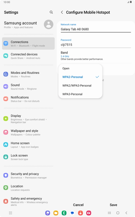 Press WPA3-Personal to password protect your Wi-Fi hotspot. Press WPA3-Personal to password protect your Wi-Fi hotspot.