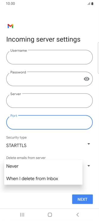Press Never to keep email on the server when you delete them on your phone. Press Never to keep email on the server when you delete them on your phone.