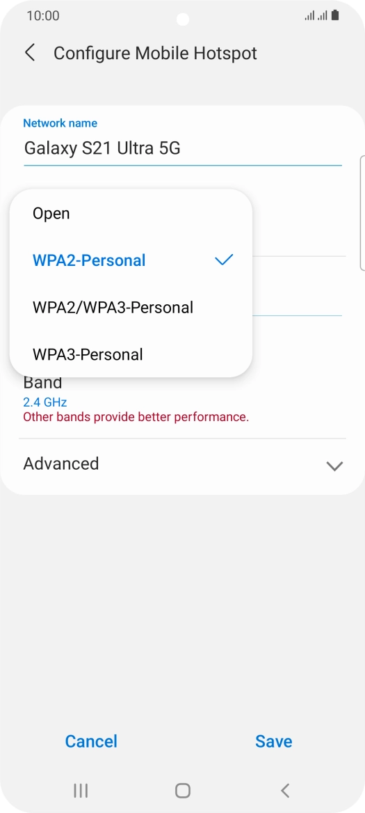 Press WPA2-Personal to password protect your Wi-Fi hotspot. Press WPA2-Personal to password protect your Wi-Fi hotspot.