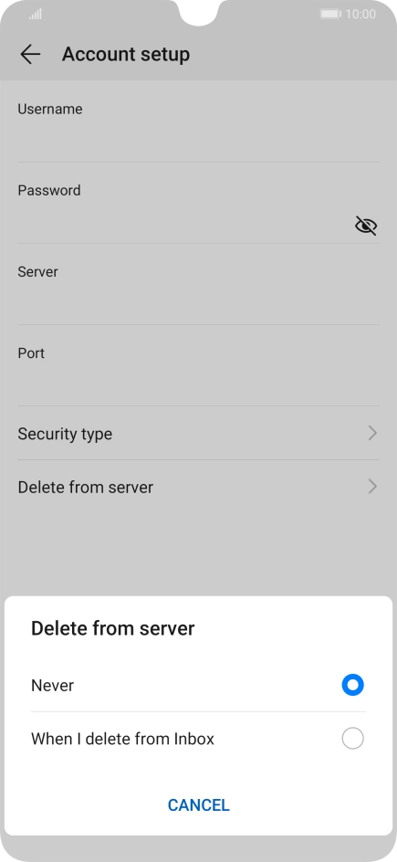 Press Never to keep email on the server when you delete them on your phone. Press Never to keep email on the server when you delete them on your phone.